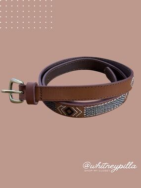 American Eagle Brown Western Leather thin Belt with Aztec design size Medium